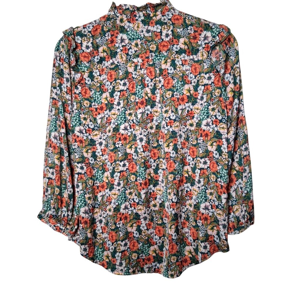Lauren Conrad Blouse Small Green Peach Floral Button Front Ruffle Country Flower - Picture 3 of 16